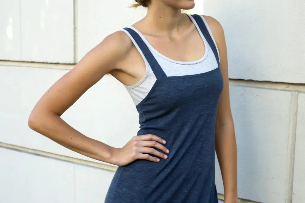 Woman in tank dress with two-tone design