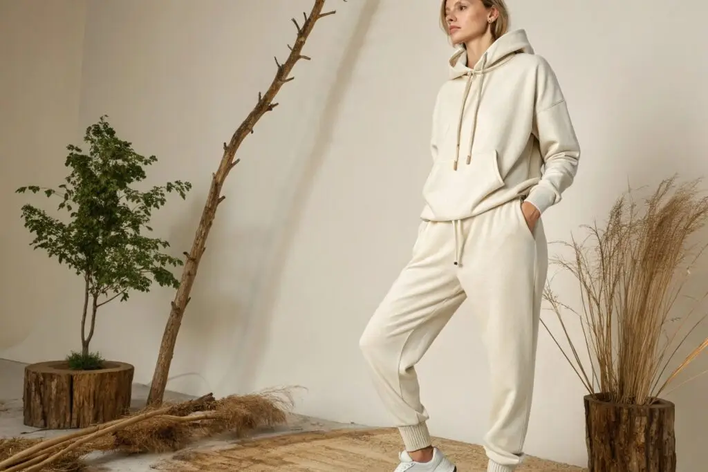Model wearing a bamboo fiber tracksuit