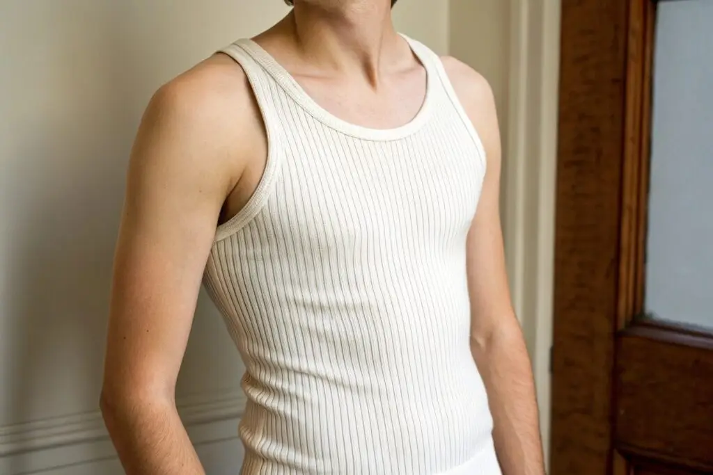 Man in white ribbed thermal tank top