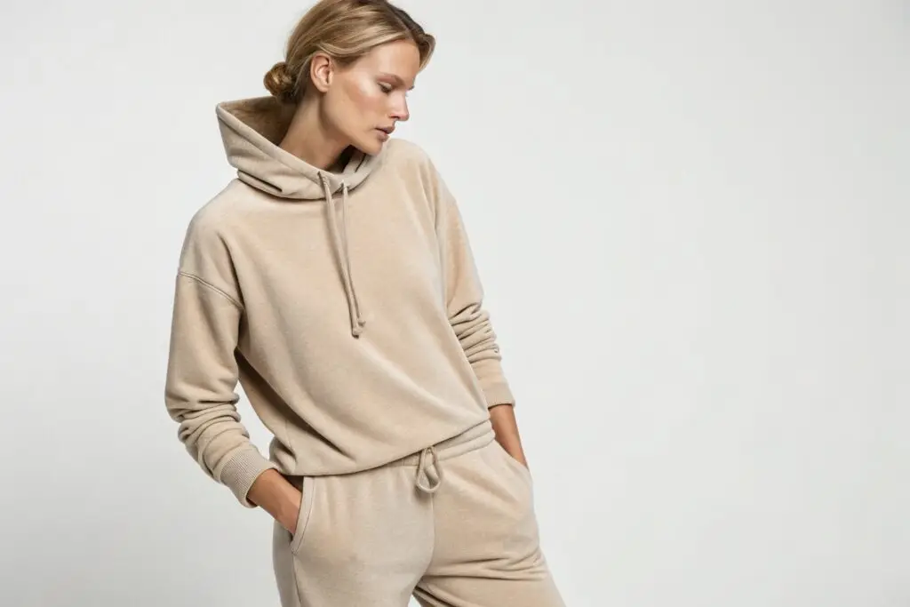 Woman wearing a beige French terry hoodie and joggers
