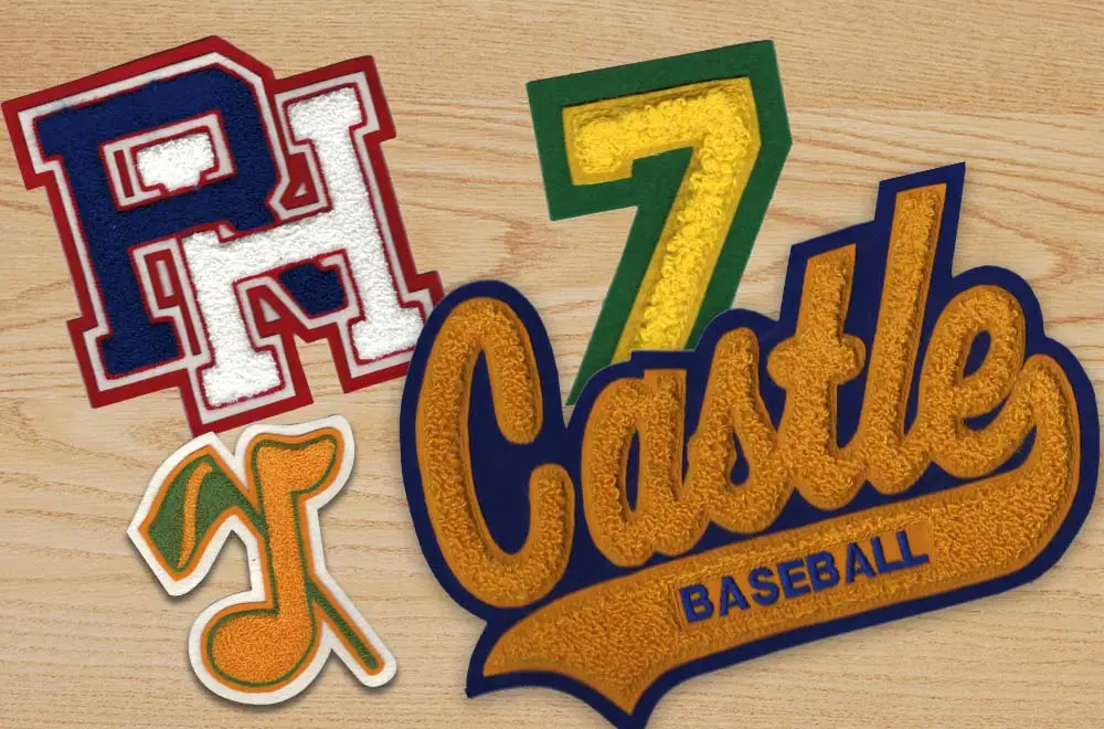 Various chenille patches with unique lettering and designs