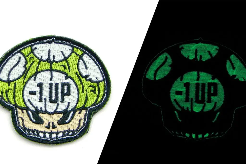 Glow-in-the-dark patch with a skull and 1UP design
