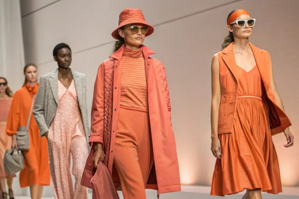 Models walking on a runway showcasing orange garments