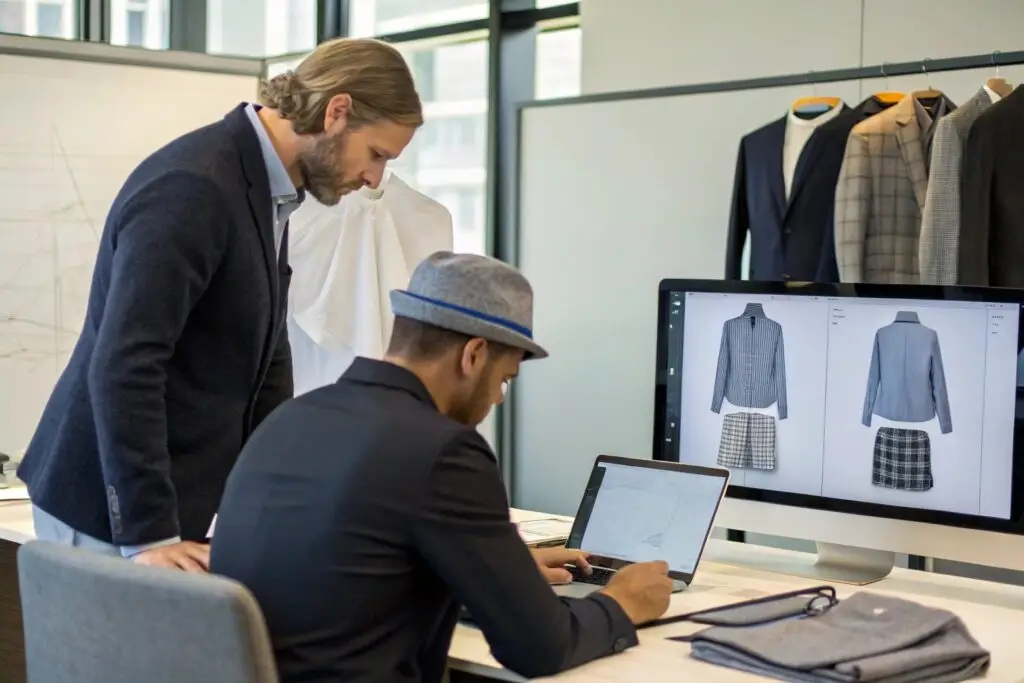 Designers reviewing custom apparel designs for a B2B fashion brand