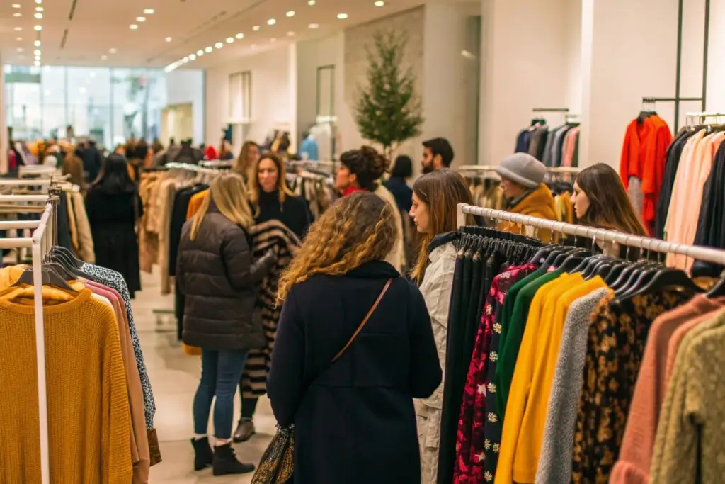 A bustling retail store in the United States filled with shoppers