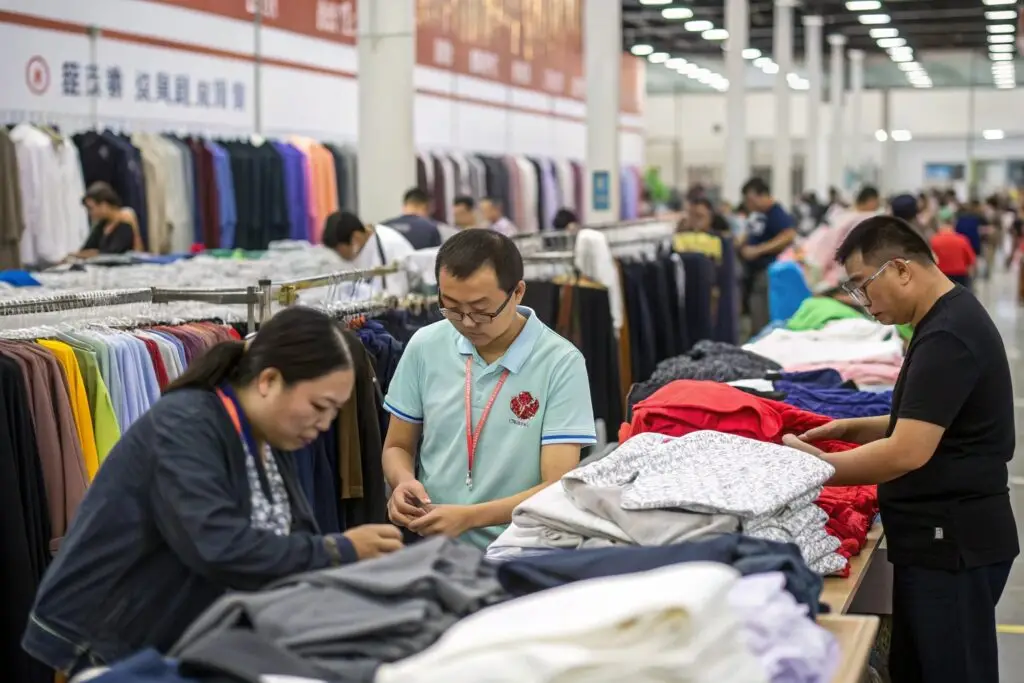 Buyers examining clothing in Guangzhou wholesale district