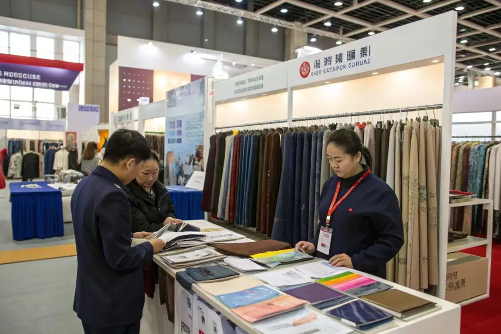 Buyers exploring textile samples at clothing trade fair booth