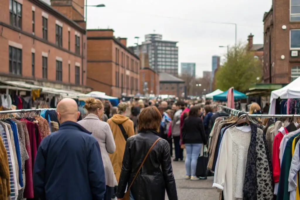 Crowds browsing clothing stalls at outdoor market