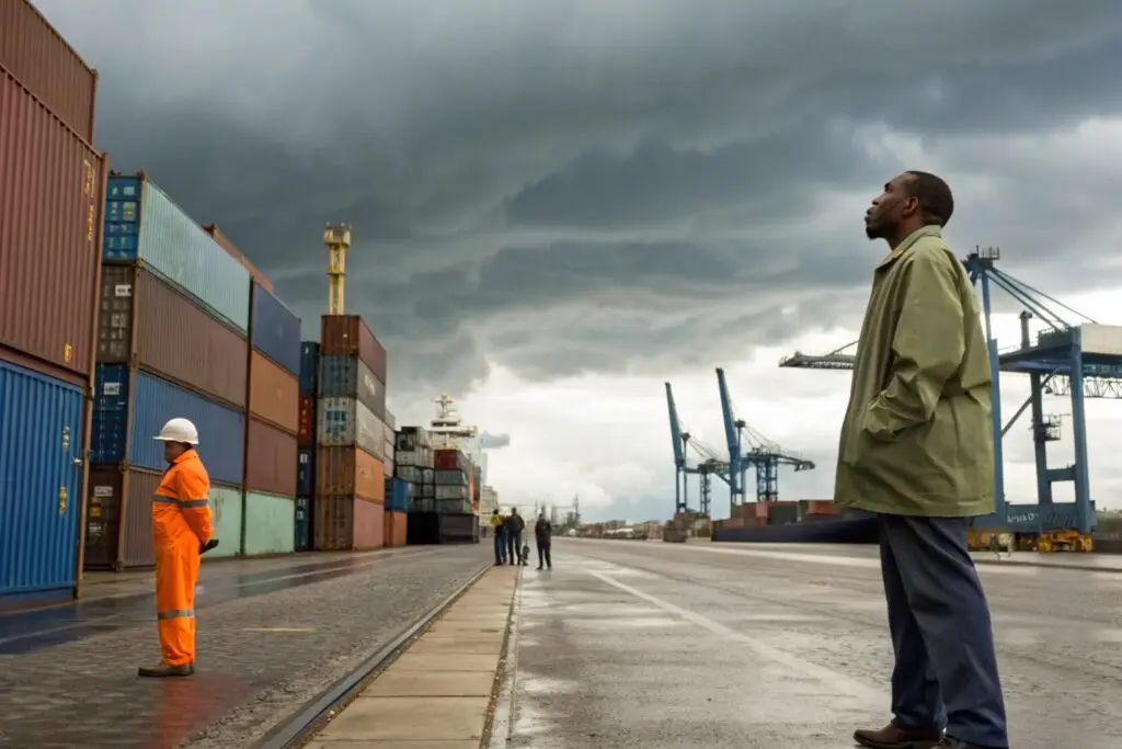 Cargo containers stacked at port under cloudy sky