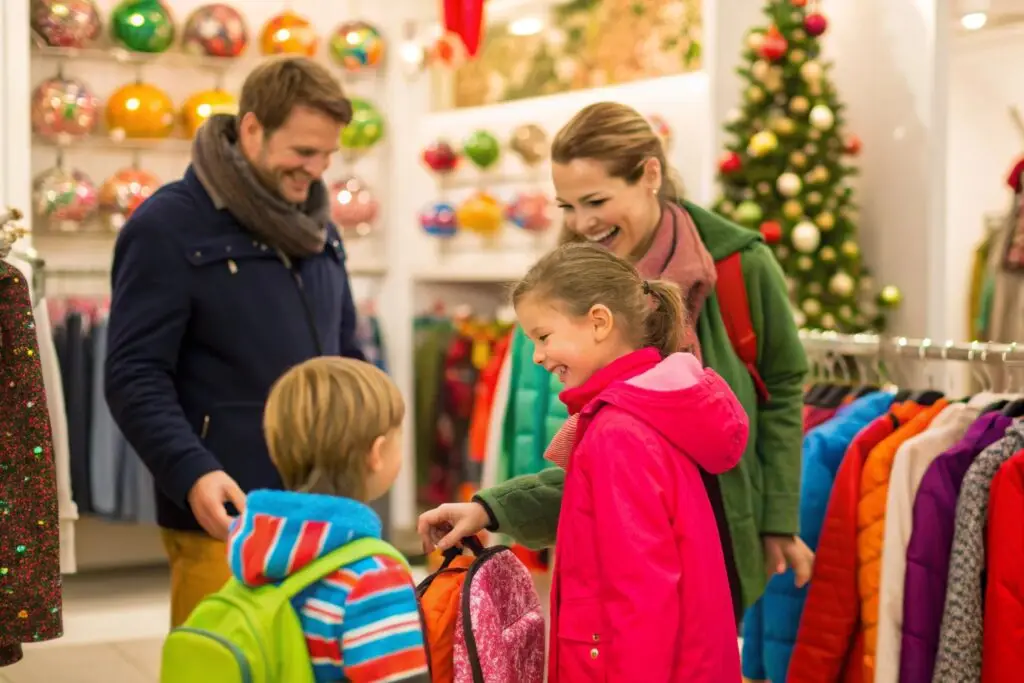 Happy family shopping winter clothes for kids