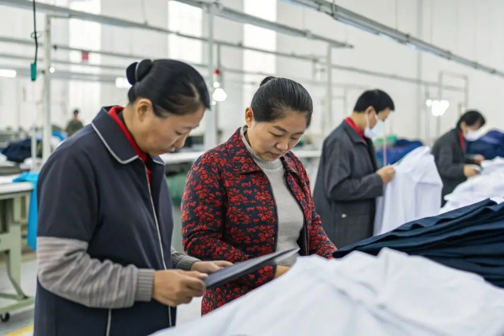 Workers in a clothing factory inspecting garments