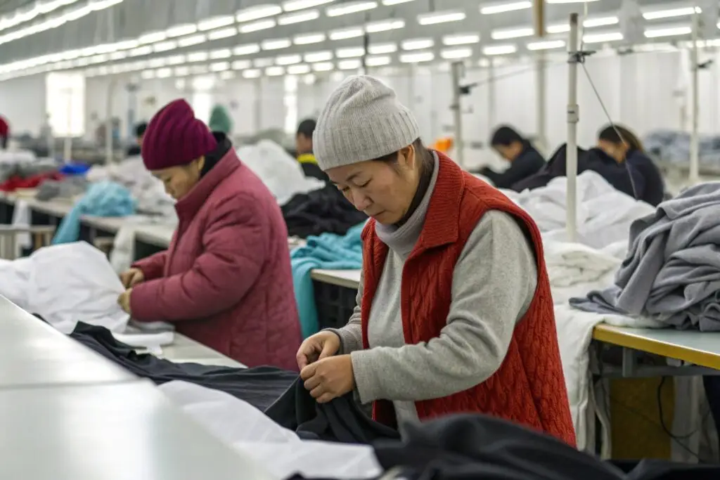 Workers in a Chinese apparel factory processing garments