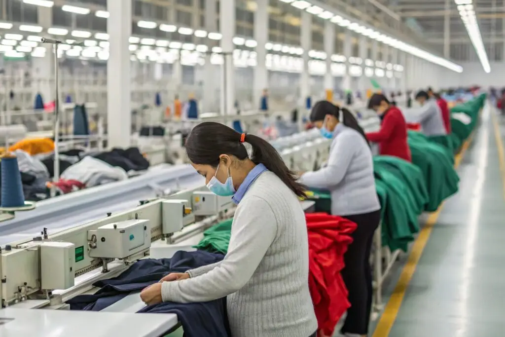 Chinese workers assembling garments at a large-scale apparel factory