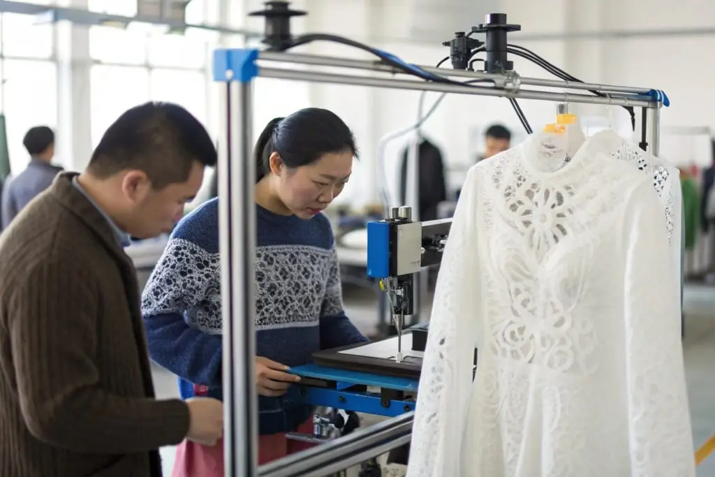 Workers using 3D printing in a clothing factory