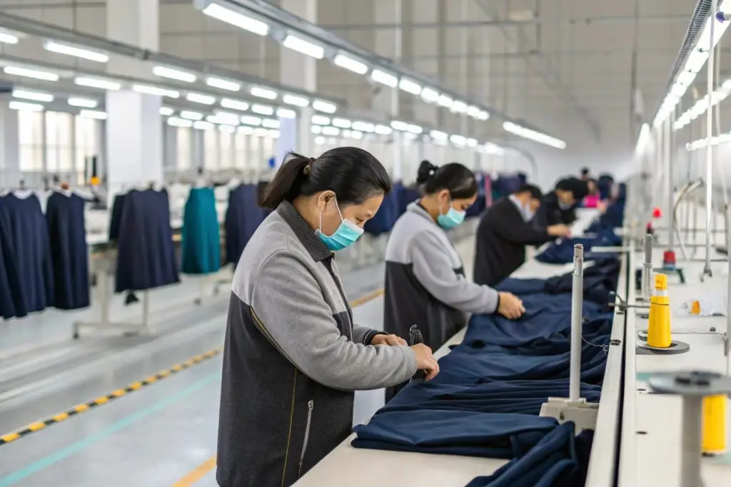 Workers in a clothing factory using advanced technology