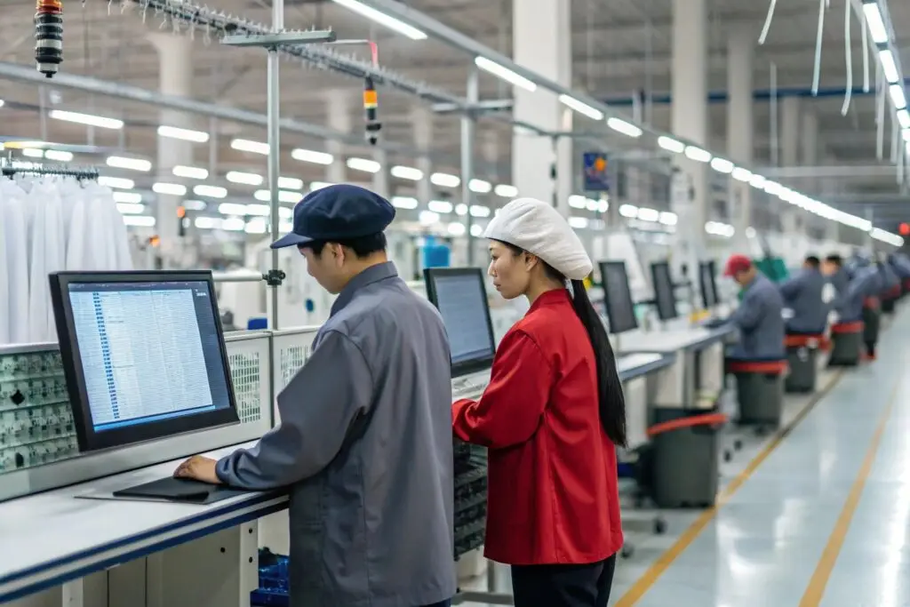 Workers using AI technology for garment production