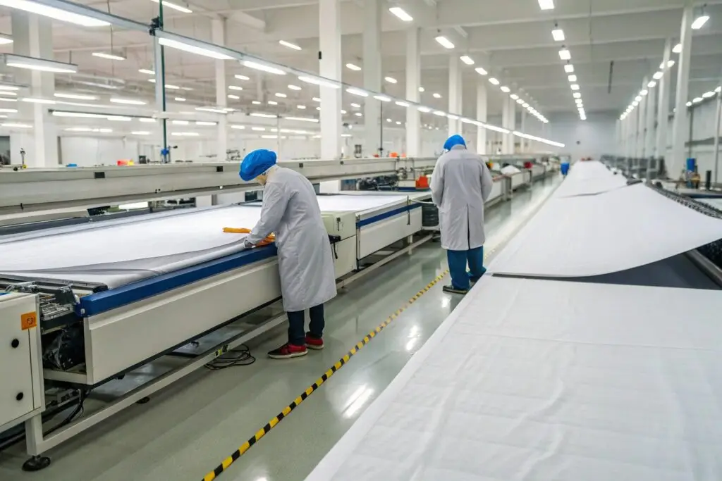Workers in a clothing factory operating automated machines