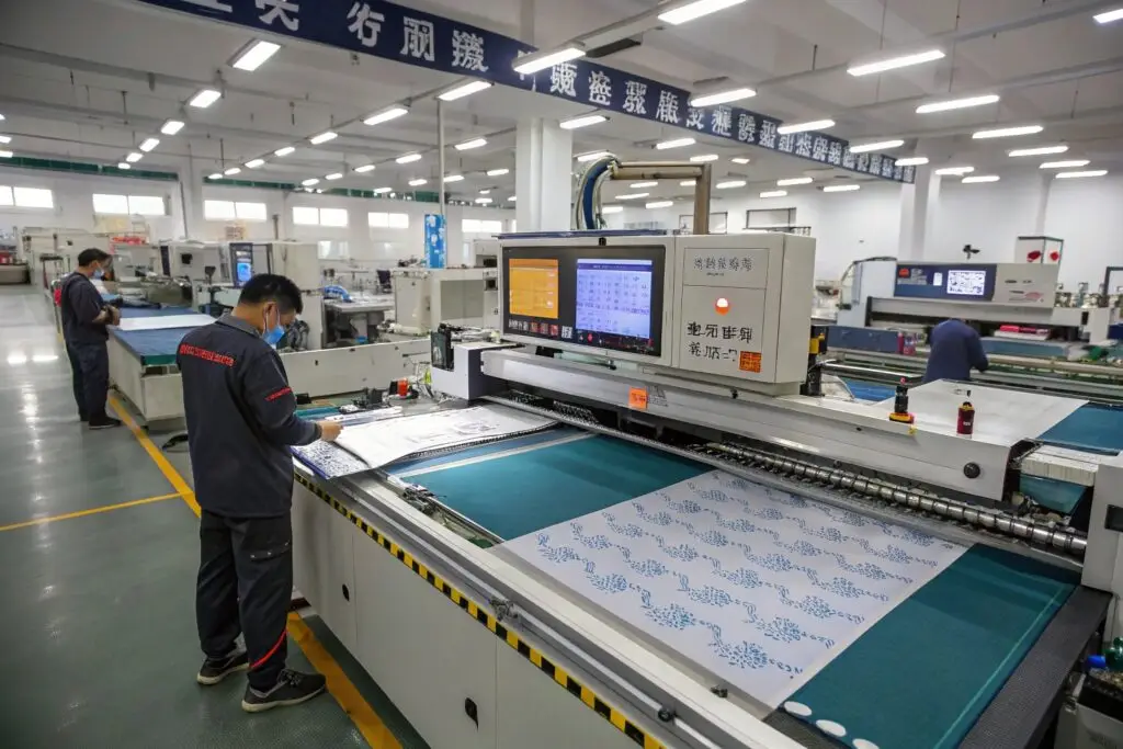 Workers operating advanced fabric printing machines in a factory