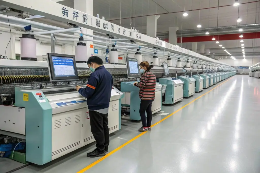 Workers operating advanced 3D knitting machines in a factory