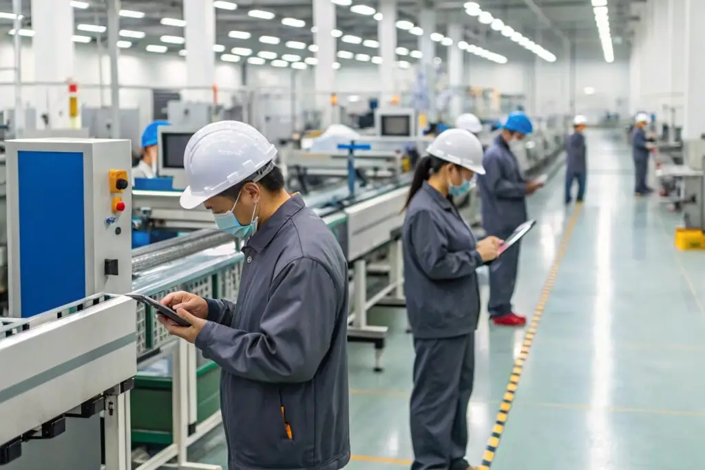 A Chinese factory floor with workers using advanced technology