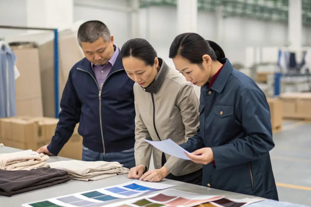 Team reviewing fabric swatches and color charts in factory