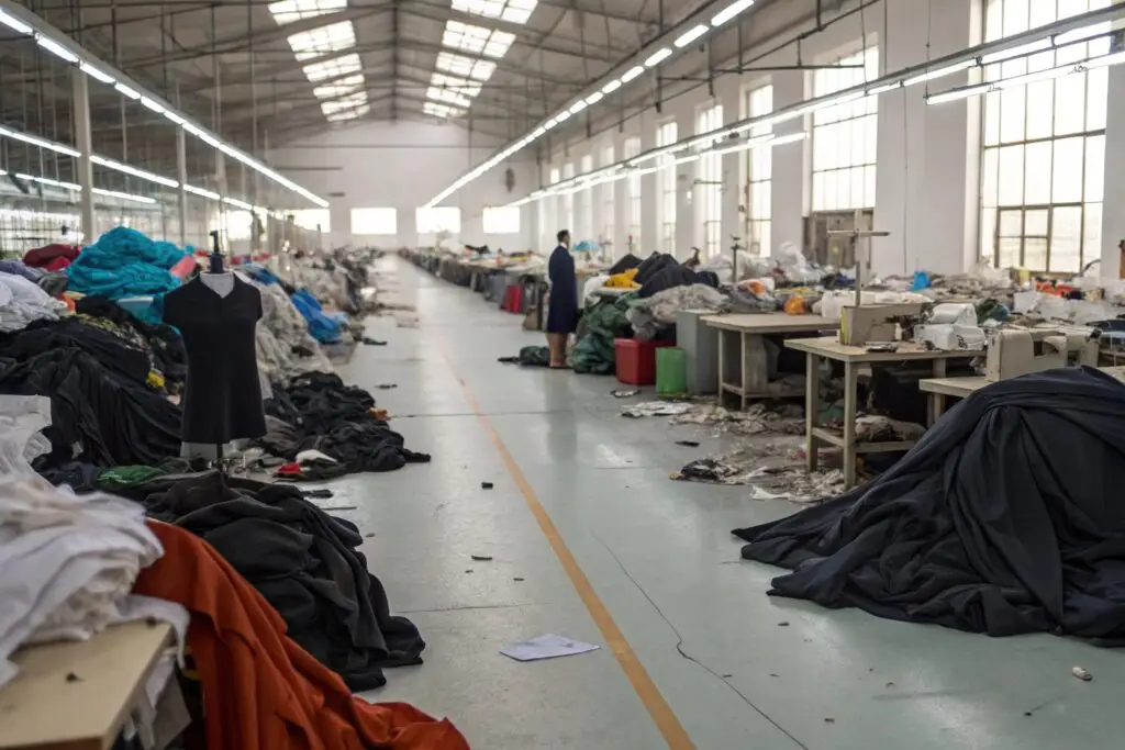 Clothing factory with excess fabric and unfinished materials