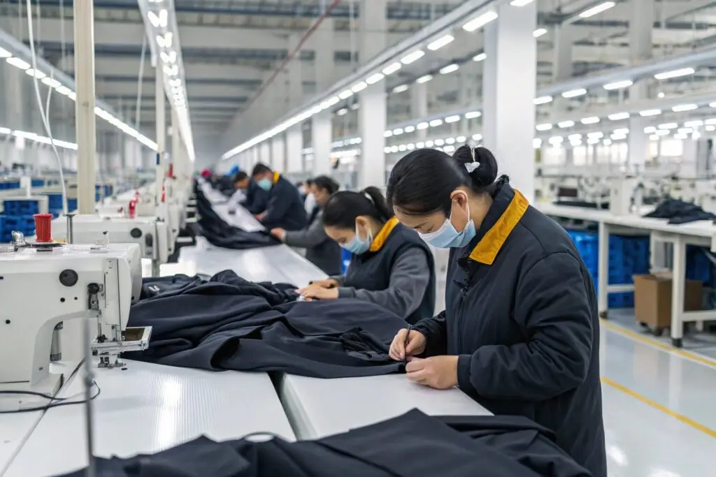 A Chinese factory with workers assembling clothing
