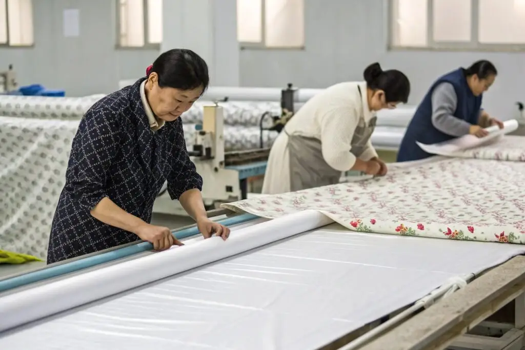 Workers rolling floral fabric on production table