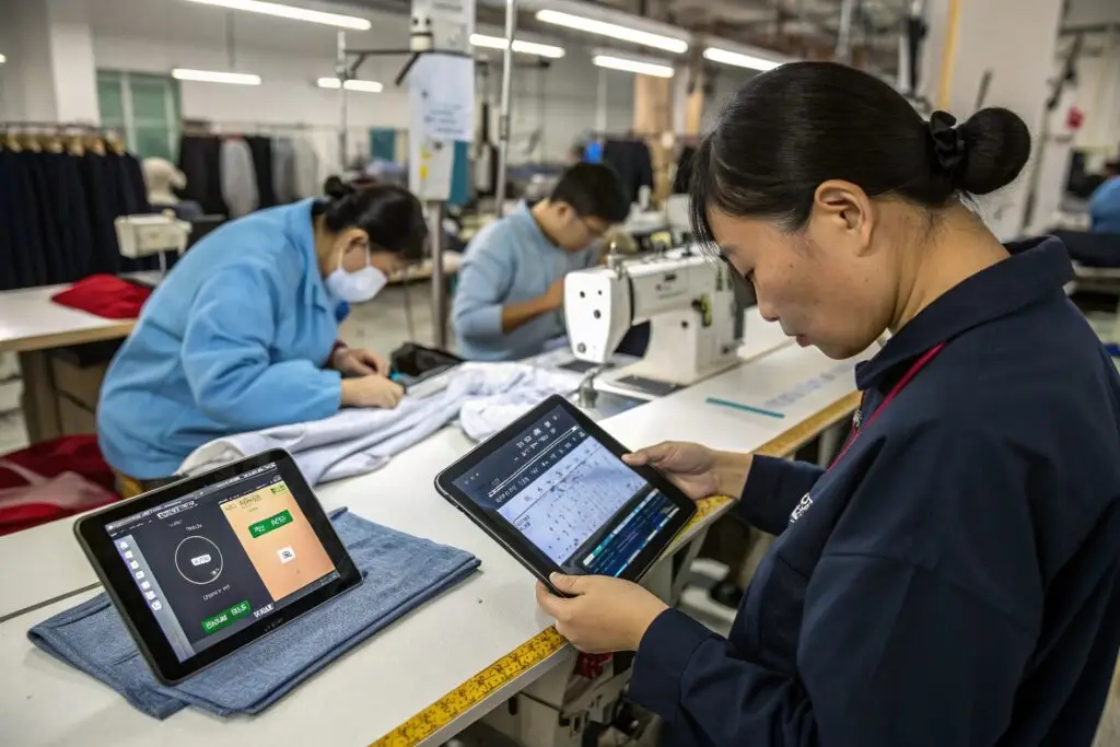 Garment factory staff using tablets to track production