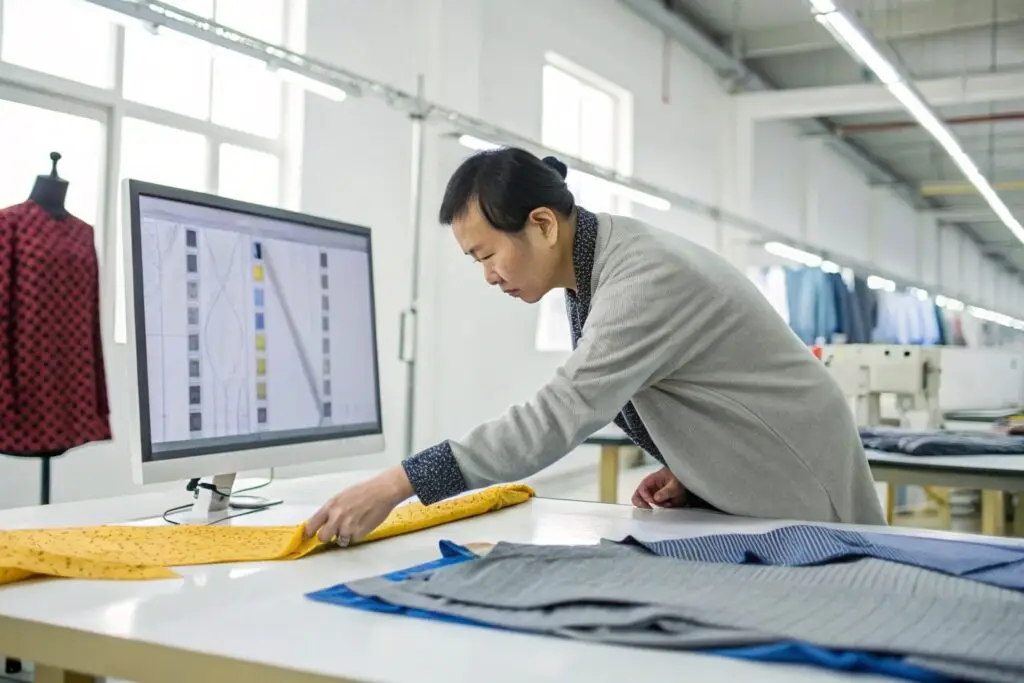Technician comparing fabric to digital clothing patterns