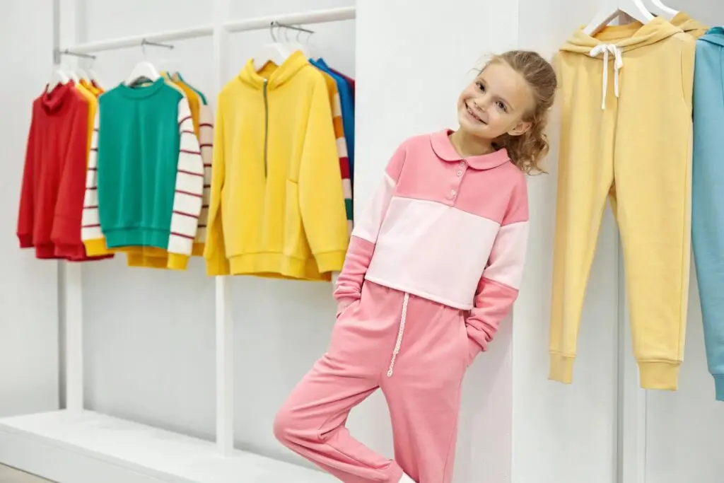 Smiling girl in pink outfit near colorful kidswear display