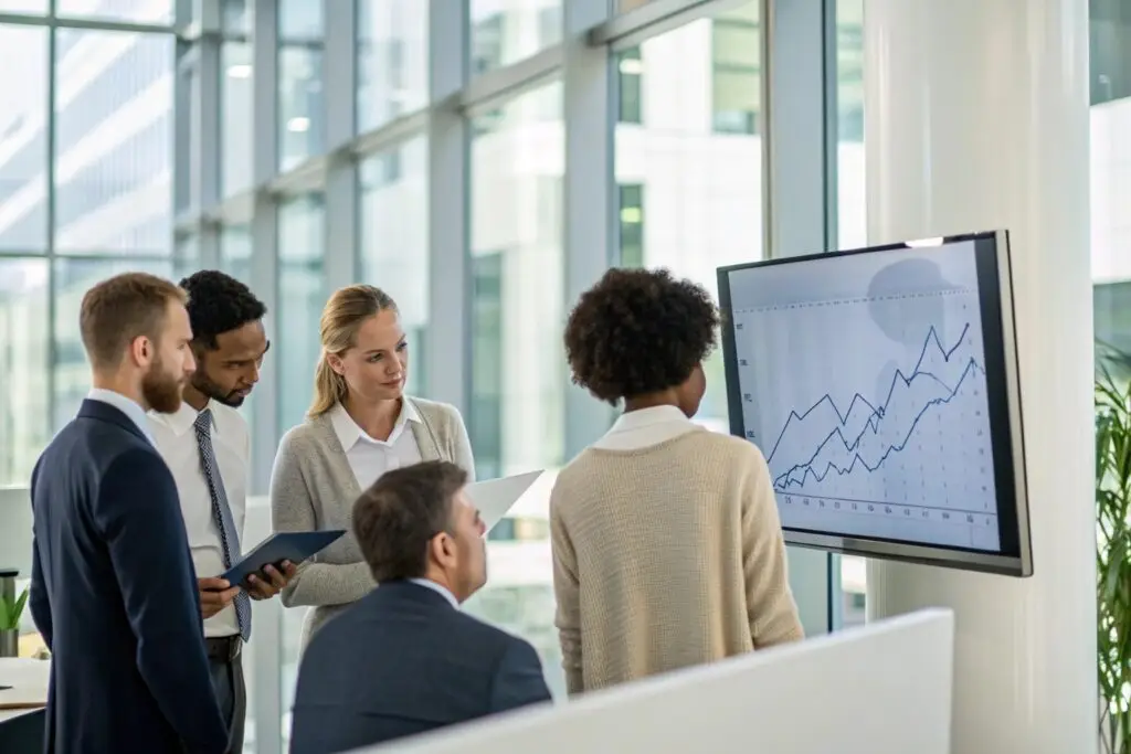 Professionals analyzing business data for a clothing brand