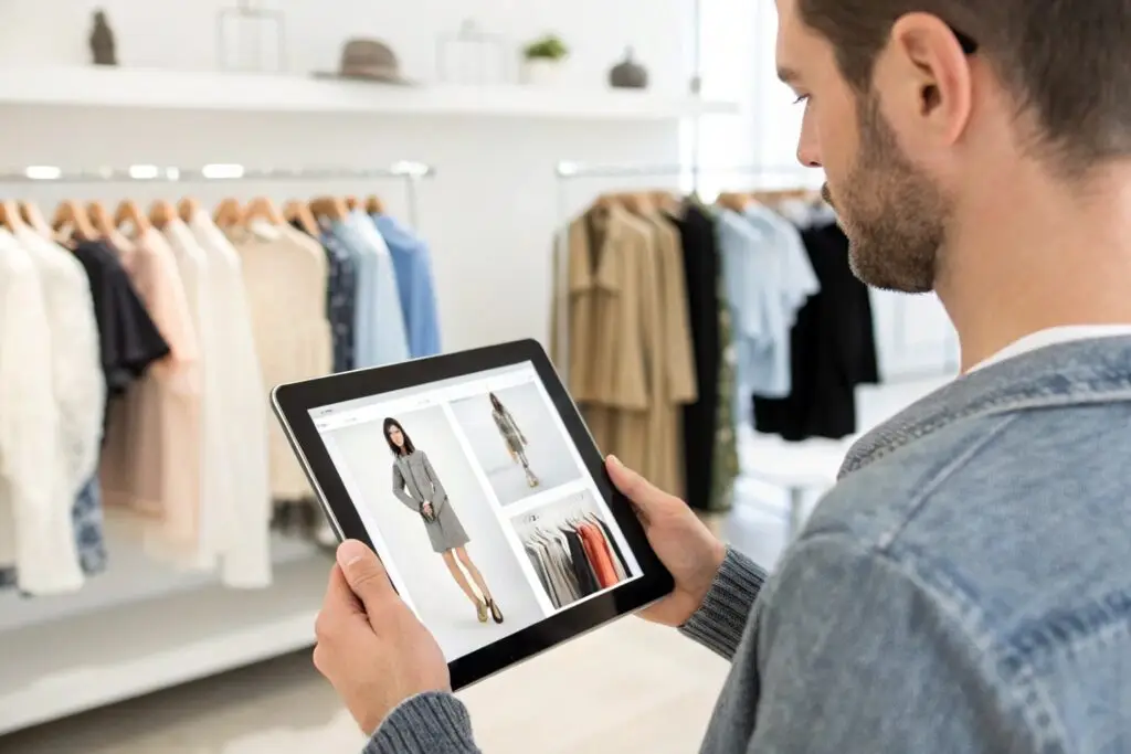 A person browsing a clothing catalog on a tablet