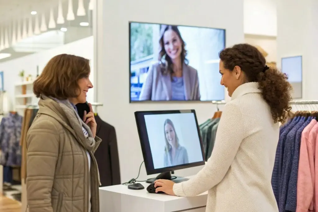 Customers interacting with digital screens in a clothing store