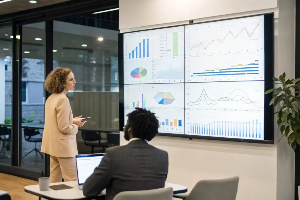 Professionals analyzing business data for a clothing brand