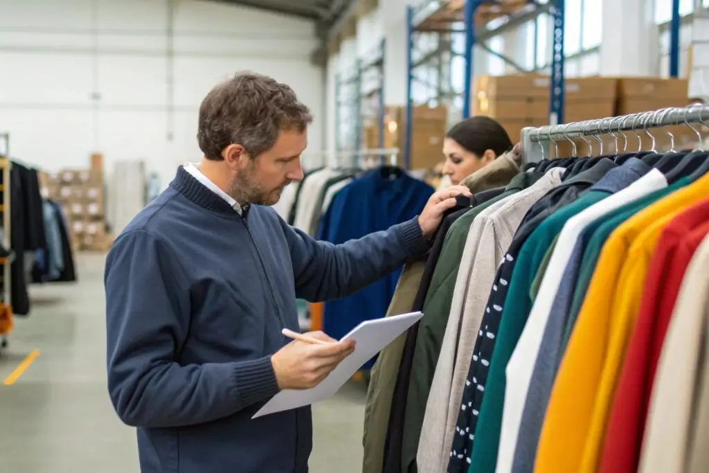 A clothing buyer reviewing a batch of garments in a warehouse