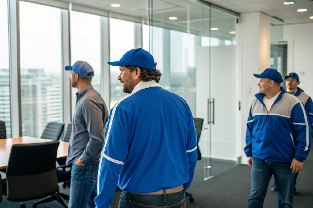 Employees wearing custom team uniforms in an office