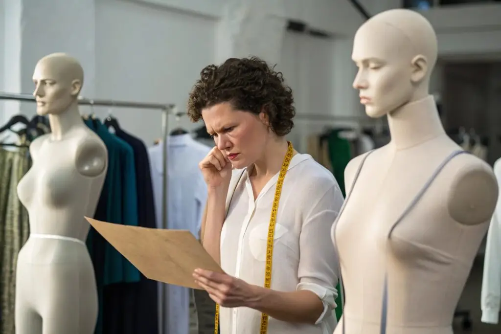 Designer analyzing size chart beside mannequins in studio