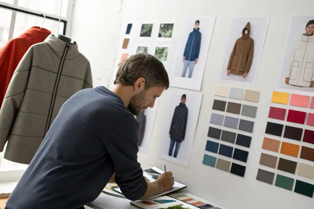 A designer working on developing the brand identity with fabric swatches and photos