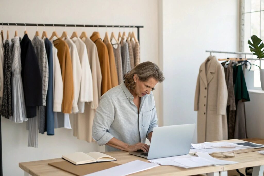 Fashion buyer working on laptop with samples nearby