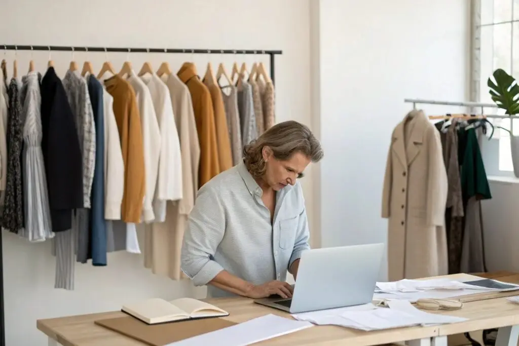 Fashion buyer working on laptop with samples nearby