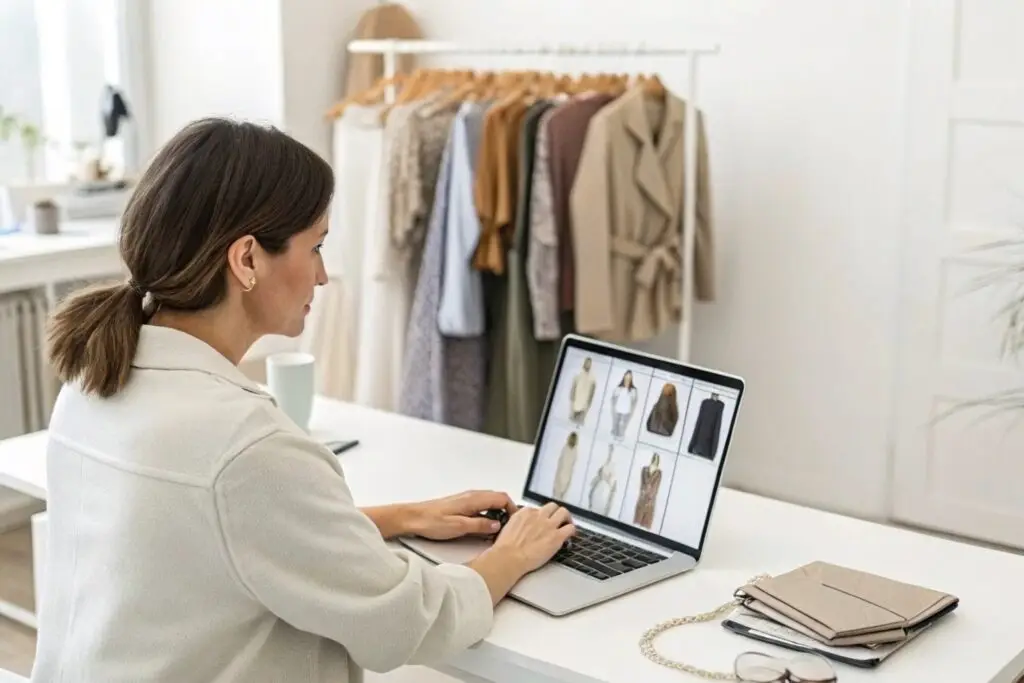 European boutique owner browsing laptop for clothing