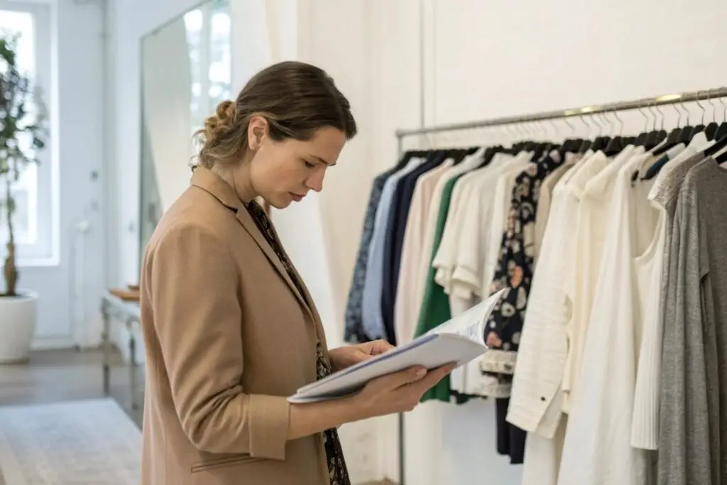 Wholesale buyer checking garment samples in boutique