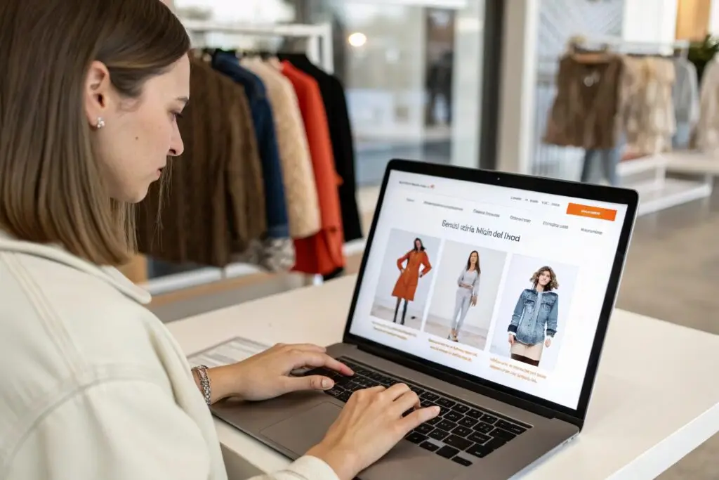 European boutique owner browsing current clothing styles