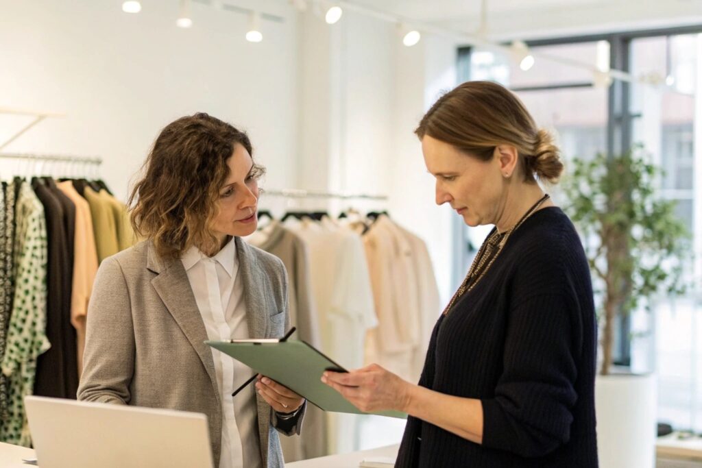 Clothing buyers reviewing wholesale garment order together