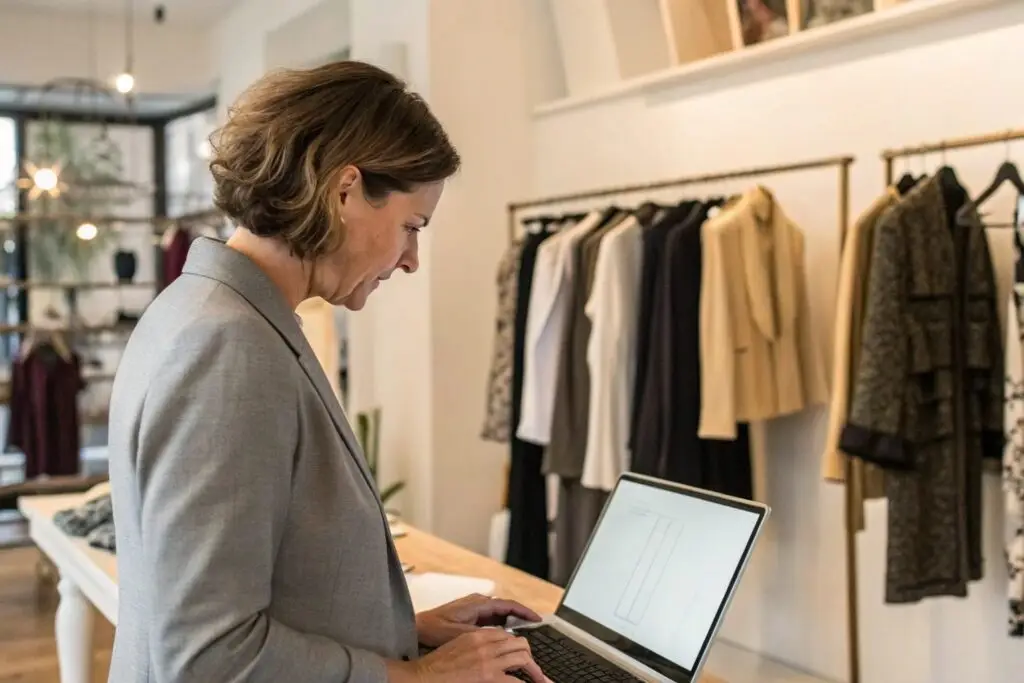 European boutique owner reviewing wholesale fashion options