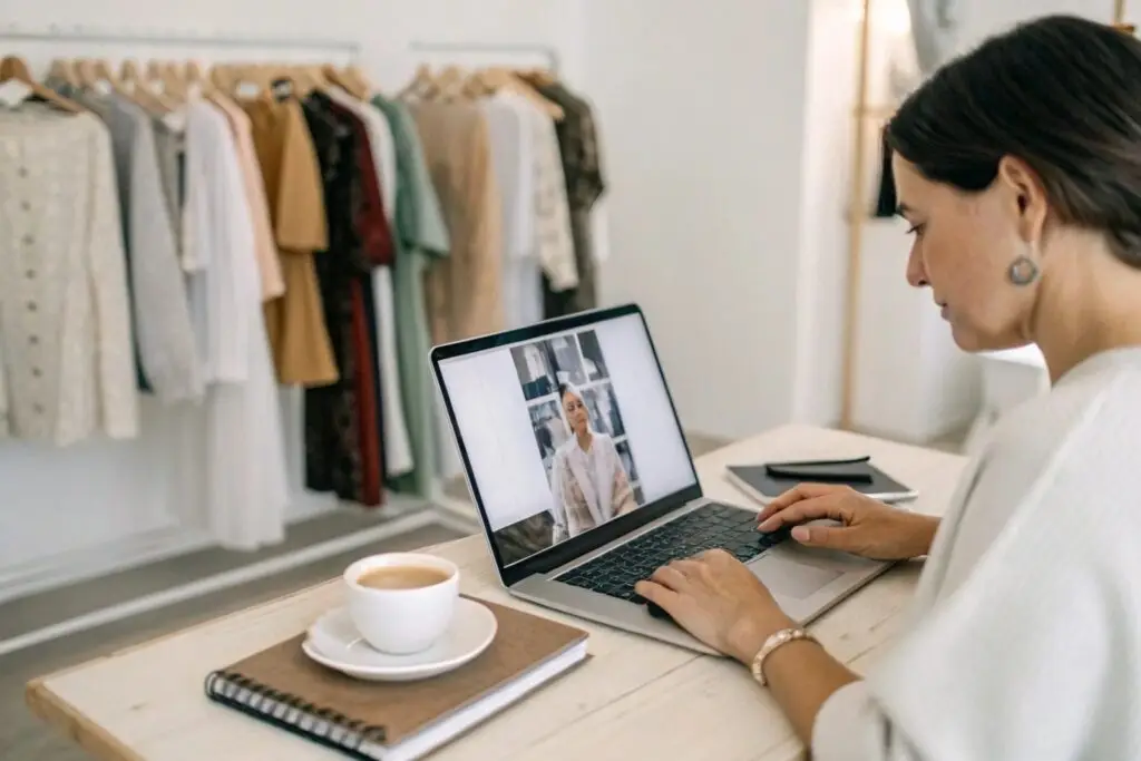 Boutique owner browsing clothing designs online