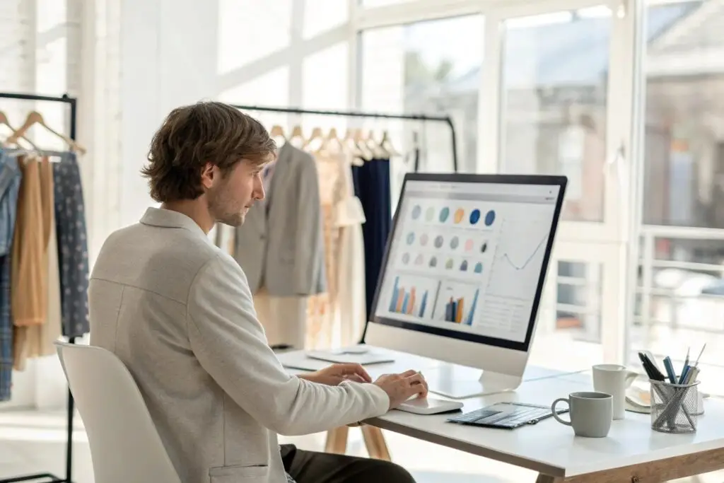 European clothing brand manager analyzing sales data