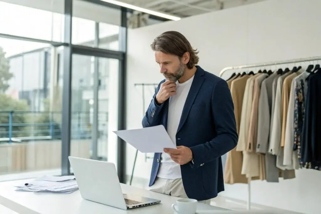 Clothing brand manager reviewing strategy documents