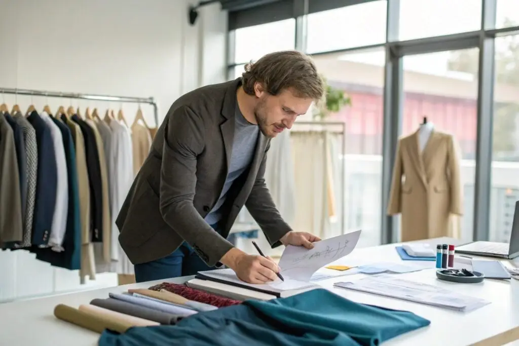European clothing brand manager inspecting production sketches